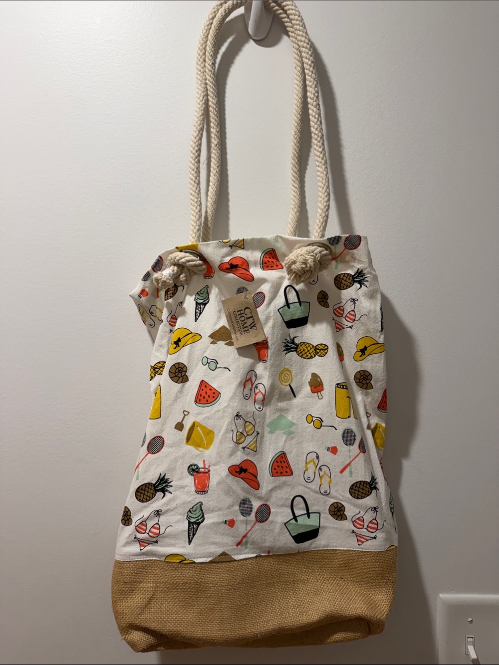 Summer Canvas Tote Bag in Cream with Multicolor Print
